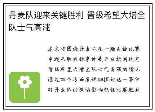 丹麦队迎来关键胜利 晋级希望大增全队士气高涨