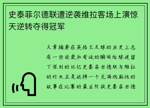 史泰菲尔德联遭逆袭维拉客场上演惊天逆转夺得冠军