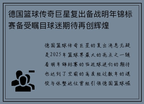 德国篮球传奇巨星复出备战明年锦标赛备受瞩目球迷期待再创辉煌