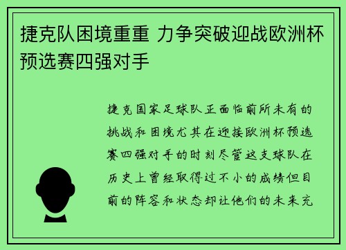 捷克队困境重重 力争突破迎战欧洲杯预选赛四强对手
