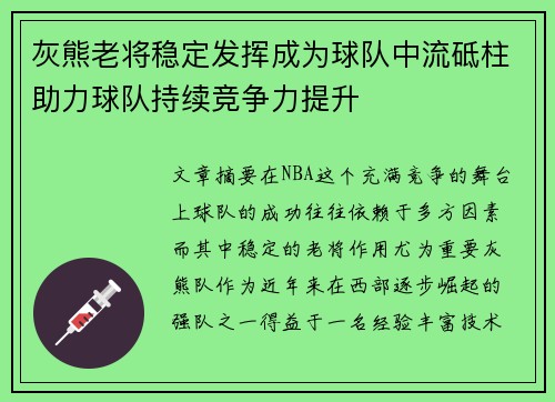 灰熊老将稳定发挥成为球队中流砥柱助力球队持续竞争力提升