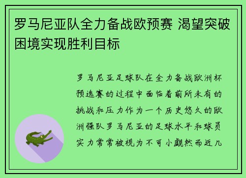 罗马尼亚队全力备战欧预赛 渴望突破困境实现胜利目标
