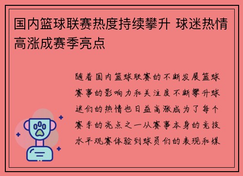 国内篮球联赛热度持续攀升 球迷热情高涨成赛季亮点
